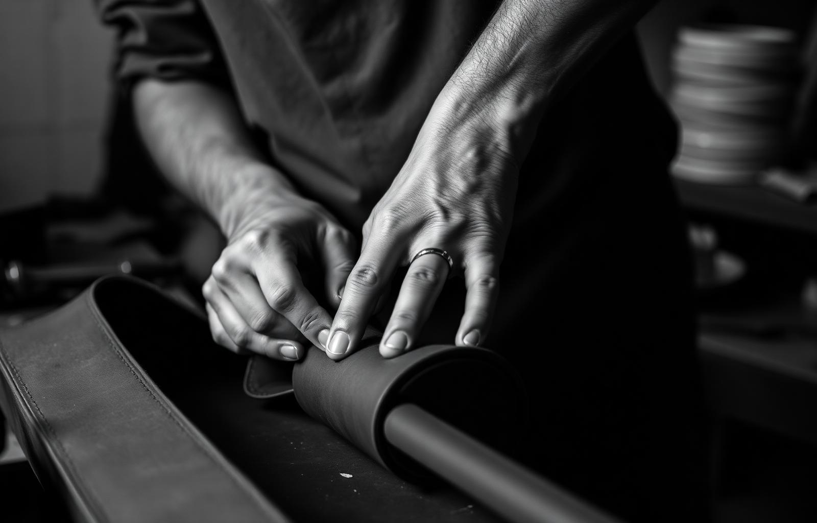Mains d'artisan travaillant le cuir dans un atelier français