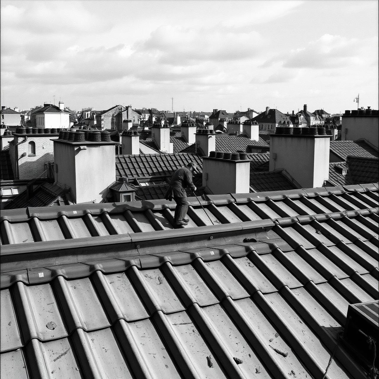 Zingueur travaillant sur un toit en zinc parisien